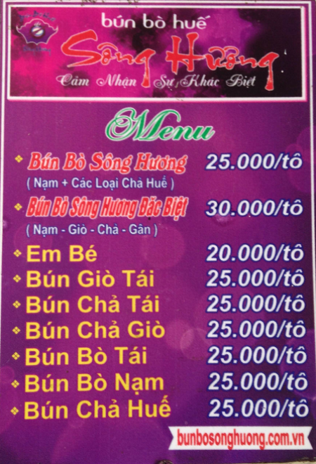 Menu Bún Bò Sông Hương