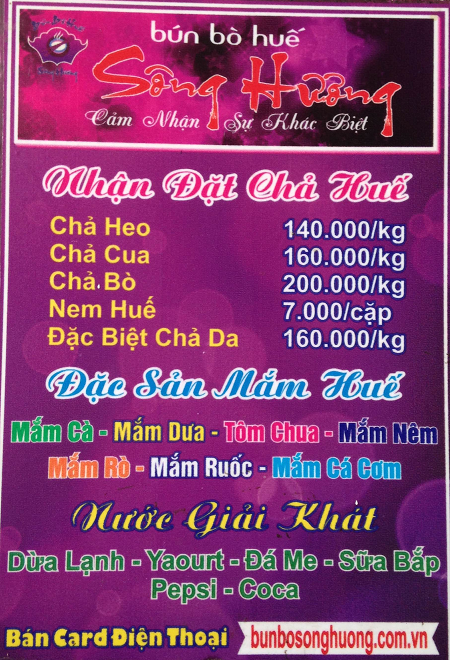 Menu Bún Bò Sông Hương